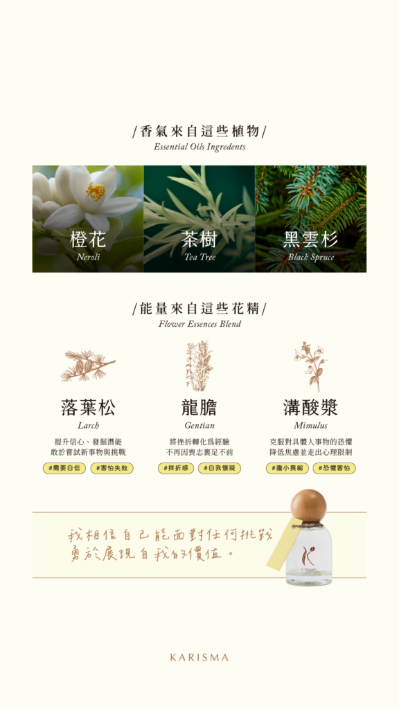 泰然花精噴霧成分：含橙花、黑雲杉精油，結合落葉松、龍膽、溝酸漿花精，幫助克服自我懷疑與恐懼，找回自信勇氣。