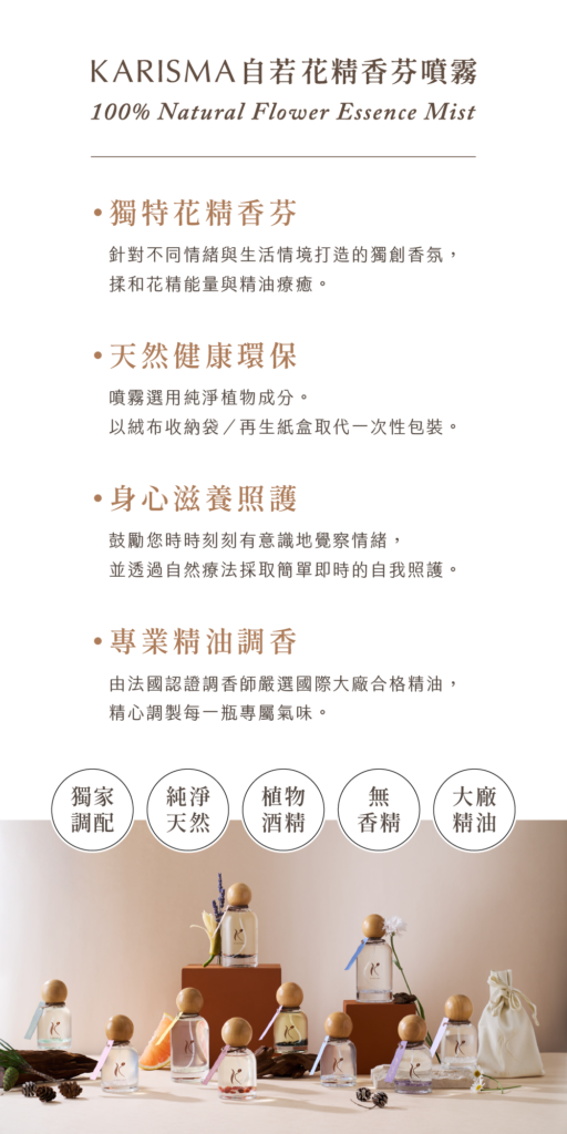 KARISMA 自若花精香芬噴霧理念圖，介紹產品以 100% 天然花精能量與精油調香，強調純淨植物成分、環保包裝、情緒照護與專業調香特色。
