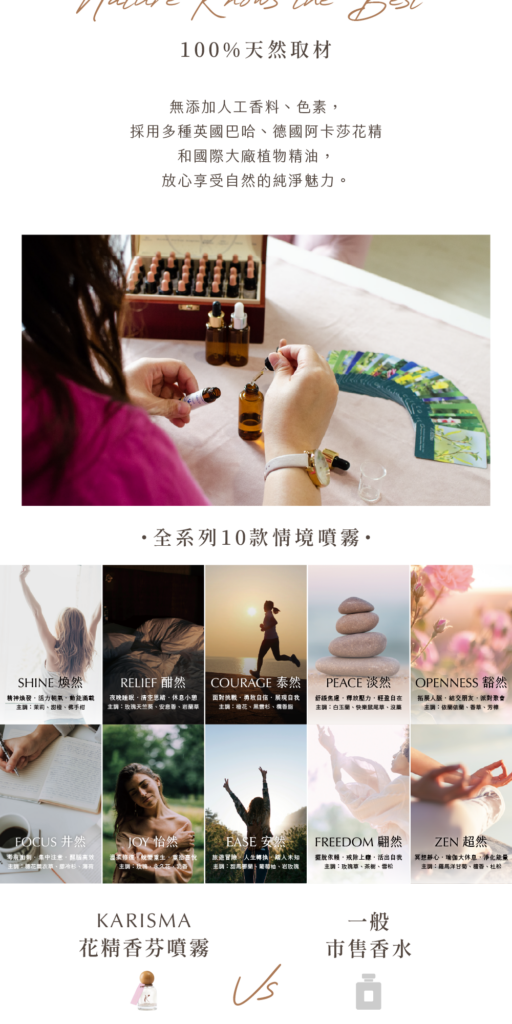KARISMA自若花精香氛噴霧堅持100%天然取材，採用多種英國巴哈花精、德國阿卡莎花精、國際大廠精油，並介紹全系列十款情境噴霧。
