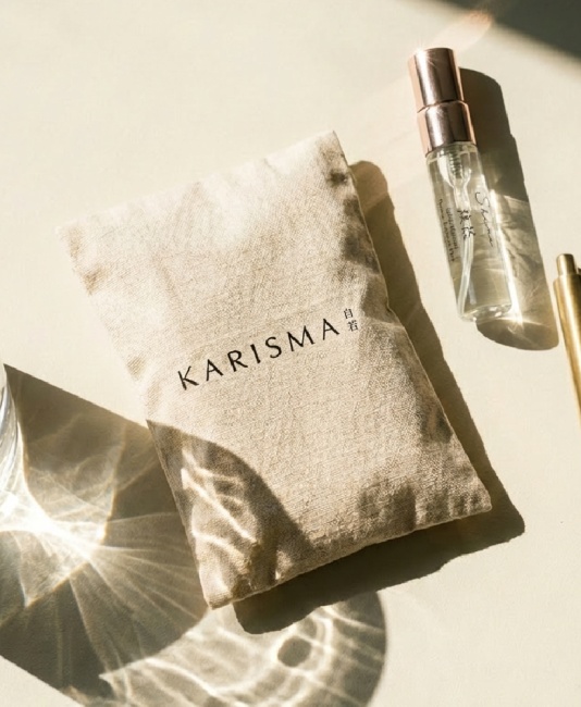 KARISMA 煥然花精香氛與印有品牌標誌的亞麻收納袋，在晨間陽光下搭配水杯與黃銅筆，展現純粹的日常儀式感。
